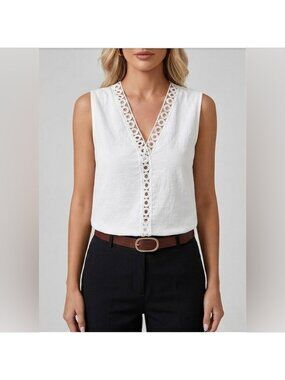 100% Cotton Boho V-Neck Crochet Detail Blouse White